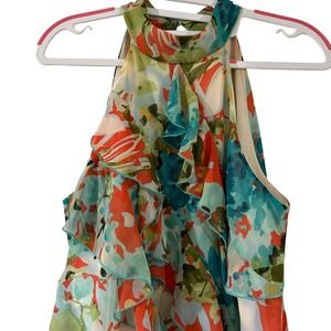 BCX Floral Ruffle Halter Top Womens Medium Multicolor Watercolor Smocked Blouse